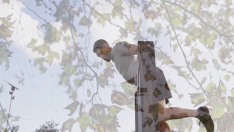 exercising outdoors, man using equipment with tree branches in animation overlay