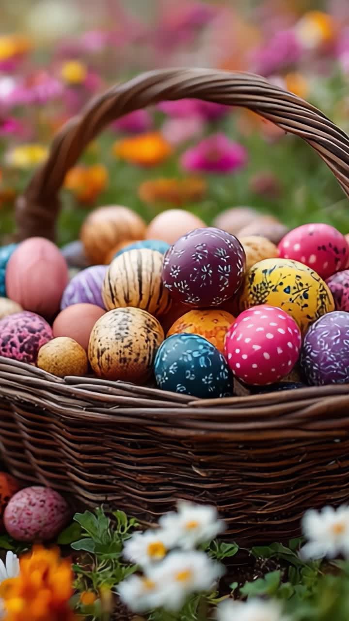 A Beautiful Basket Filled with Colorful Hand-Painted Easter Eggs Surrounded by Vibrant Spring Flowers, Capturing the Essence of Holiday Joy and Celebration