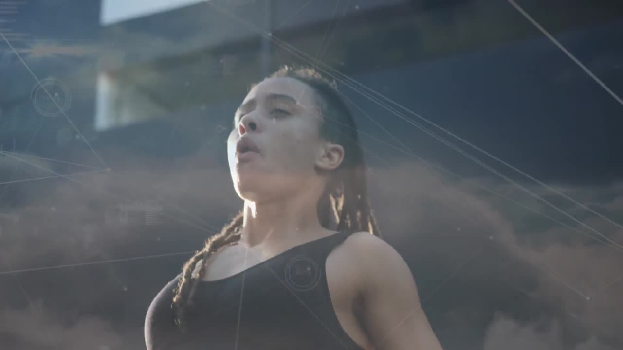 animación de la red de conexiones sobre la mujer en forma que hace ejercicio