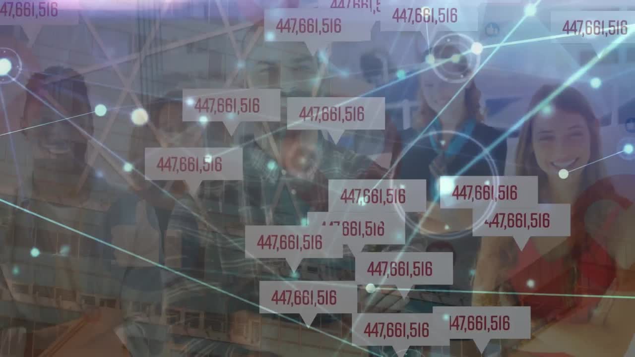 사업가들의 애니메이션과 연결 네트워크를 통해 바뀌는 숫자