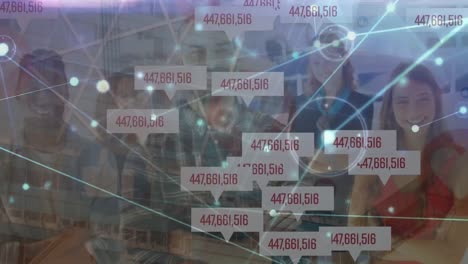 Animation of businesspeople and numbers changing over network of connections