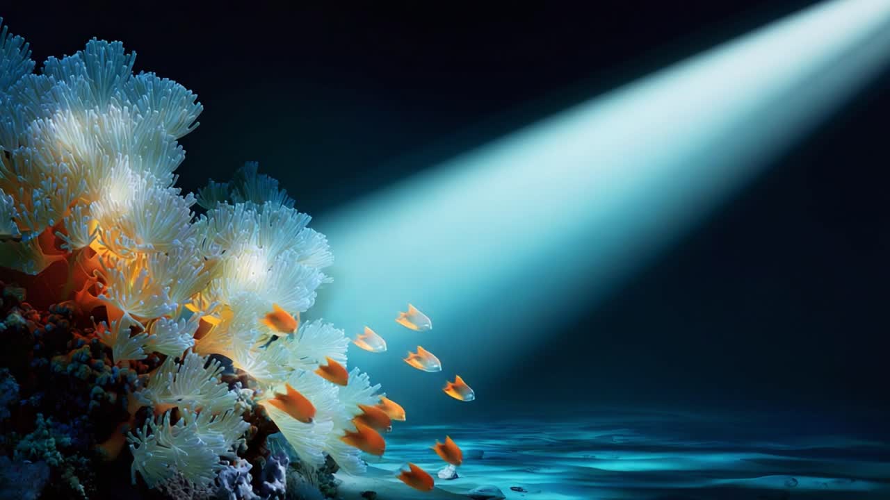 Mesmerizing Underwater Scene Capturing Vibrant Coral Reefs Illuminated by Rays of Light Streaming Through the Ocean's Surface, Showcasing Diverse Marine Life in a Calm, Serene Environment