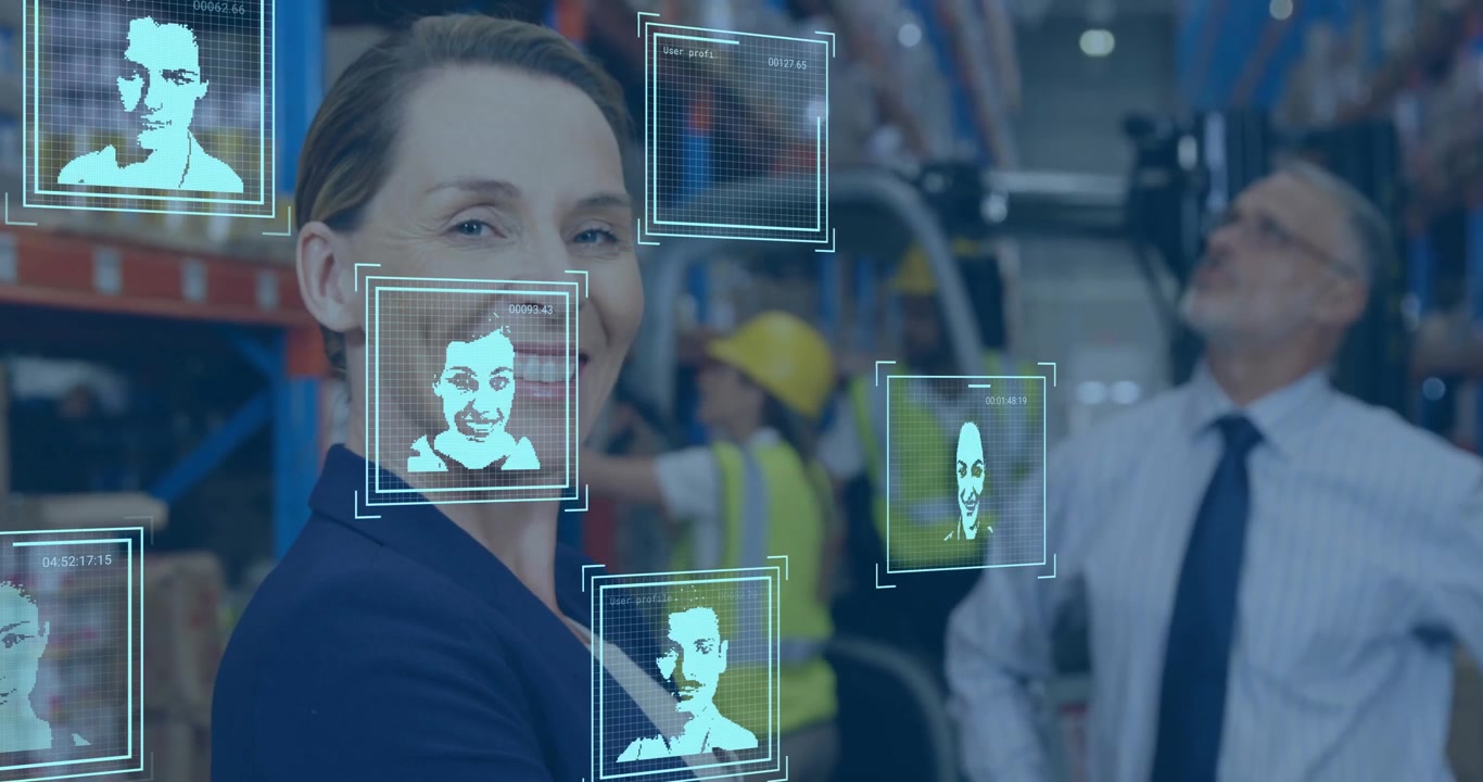 Facial recognition animation over warehouse workers and smiling businesswoman