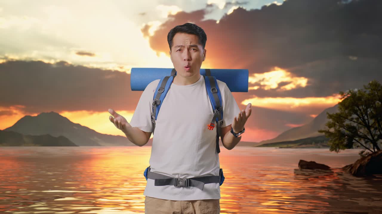 Puzzled Asian Male Hiker With Mountaineering Backpack Making Gestures Doubtfully And Saying Why At A Lake