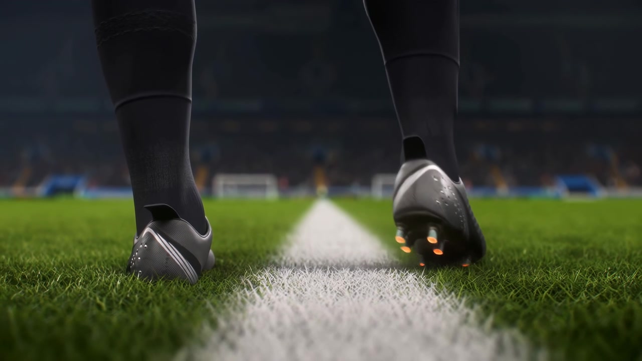 Dynamisk og energisk fotballspiller som sparker en ball på en gressbane med et stadion i bakgrunnen. Nærbilde av spillerens føtter bakfra, som fremhever den atletiske bevegelsen