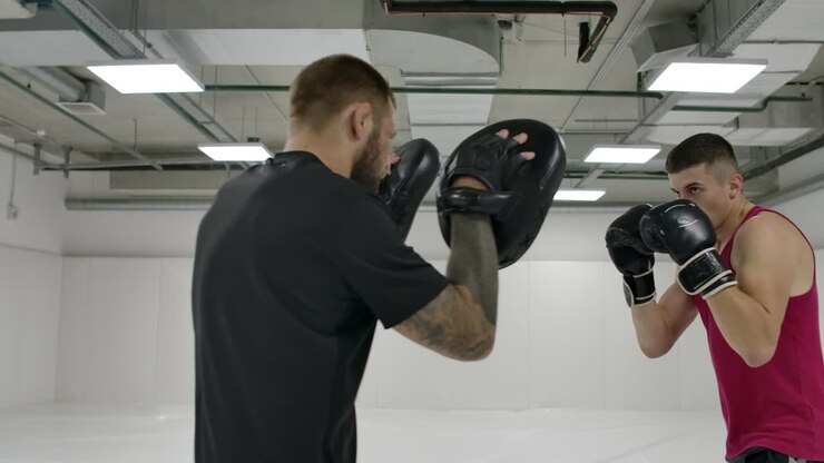 The fighter with the trainer fulfills blows in gloves on paws. Dodge the blows and strike quickly at the paws. Slow motion.