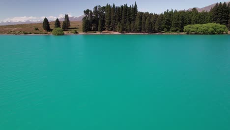 Fliegen-über-Den-Tekapo-See-In-Der-Nähe-Von-Wasser-Mit-Schneebedeckten-Bergen-Und-Wald-Im-Hintergrund