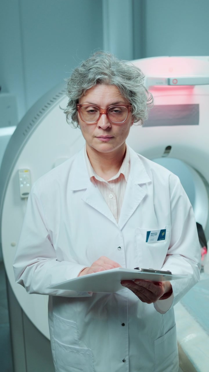 Ritratto di dottoressa di mezza età in sala di diagnostica per immagini ospedaliera