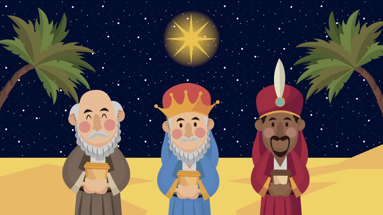 animado de navidad con reyes mágicos en el desierto