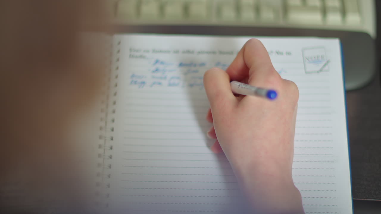 Close up of a woman's hand writing in a spiral notebook with a blue pen while sitting at a desk