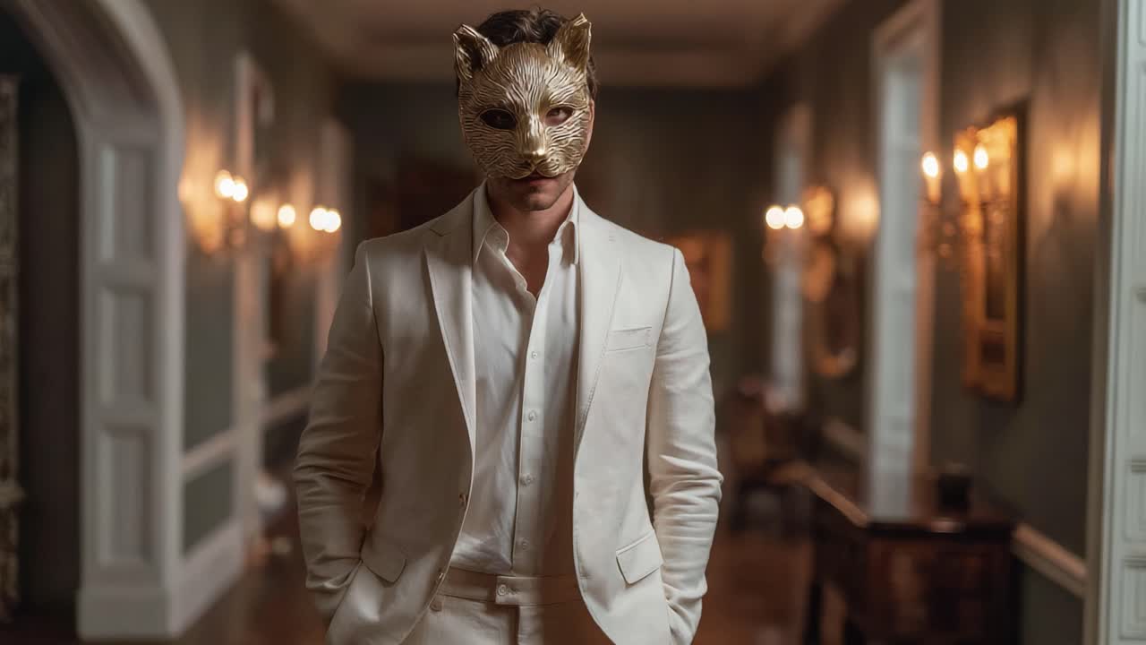 Mysterious Figure in Elegant Attire and Golden Mask Stands Confidently in Opulent Interior, Merging Fantasy and Reality in a Captivating Scene