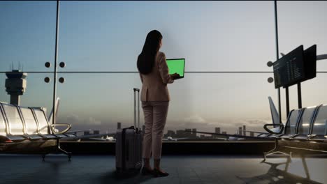 businesswoman using laptop in airport terminal