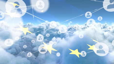 animation of network of connections of icons with people over european union flag and clouds