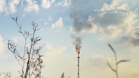 Wide-low-angle-view-of-burning-Oil-refinery-seen-from-nearby-countryside