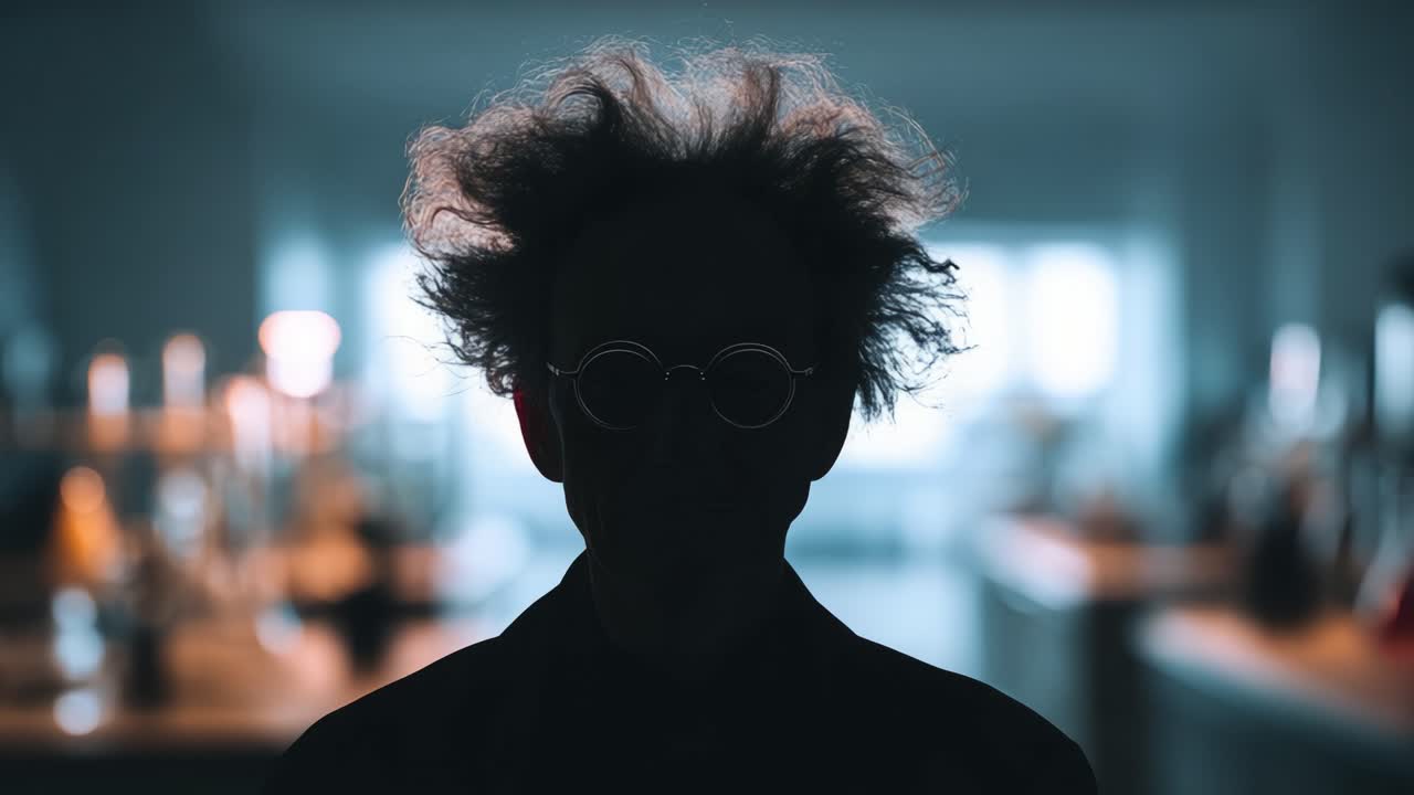 Figura misteriosa in silhouette con capelli selvaggi e occhiali, ambientata su uno sfondo sfocato da laboratorio, che evoca mistero e creatività in uno spazio scarsamente illuminato
