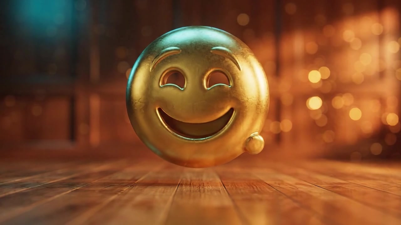 Een glimmend gouden smiley-icoon straalt vreugde en positiviteit uit in een levendige, sprankelende omgeving, geluk belichamend door zijn heldere uitdrukking en levendige ontwerp