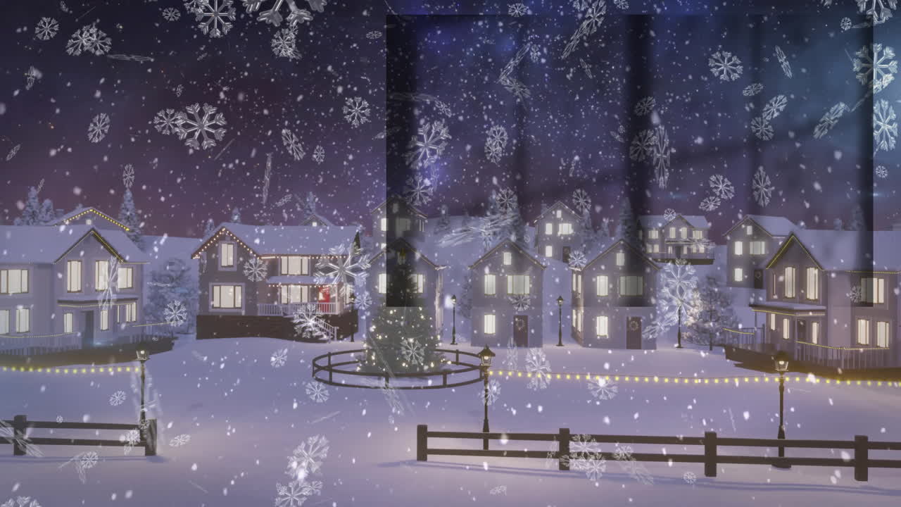 Animation of snowflakes falling over illuminated houses in snowy village at night