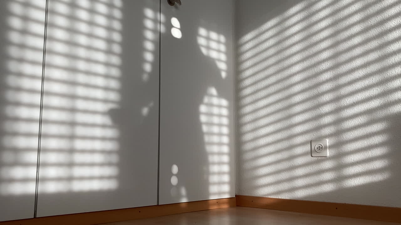 Shadow of blinds and of a young woman dancing naked on a white wardrobe.