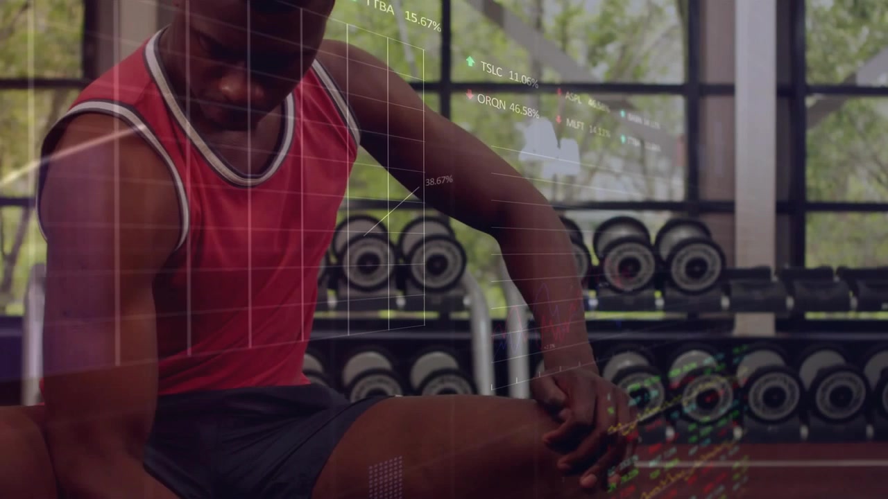 Seated man gripping dumbbell and performing curls in gym, fitness charts animating tracking reps