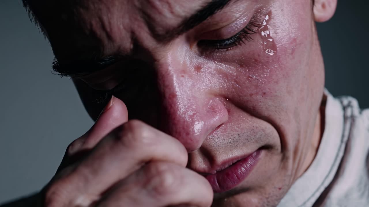 Close-up video still of a person expressing intense emotion, captured from a side angle