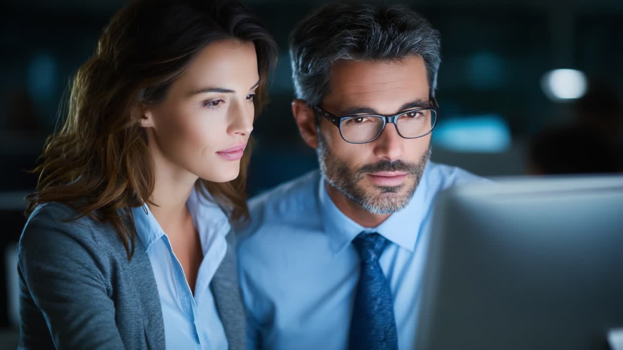 Focused Colleagues Collaborating on Computer Screen During Nighttime Work, Showcasing Teamwork, Concentration, and Professional Engagement in a Modern Office Environment