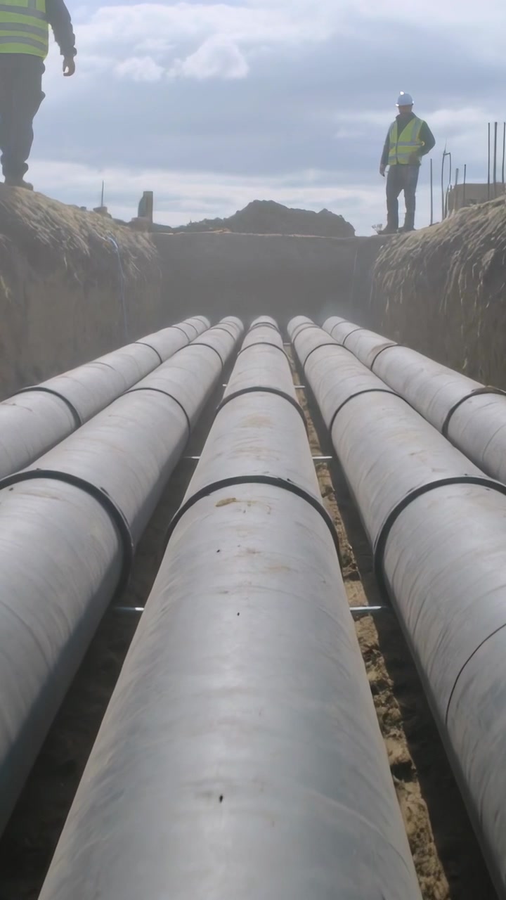 Video verticale: Un secondo operaio che cammina entra dal bordo sinistro, l'operaio a destra osserva i tubi, entrambi indossano giubbotti.