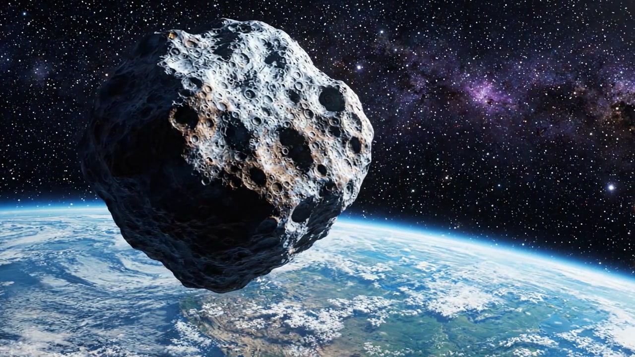 Un Maestoso Asteroide Scivola Nello Spazio Sopra la Terra, Catturando la Meraviglia dell'Universo in Questa Straordinaria Scena Cosmica con Stelle e Galassie Lontane.
