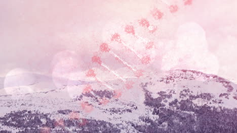 animación de la cadena de adn que gira sobre el paisaje frío del invierno