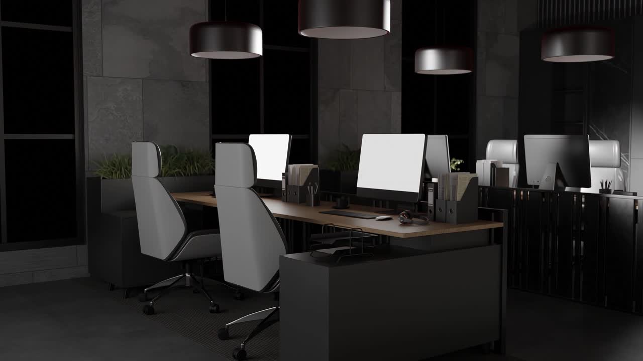 Modern office interior with desks, chairs, computers and red lighting. Contemporary workplace and technology environment concept. Design for banner, poster, wallpaper, header