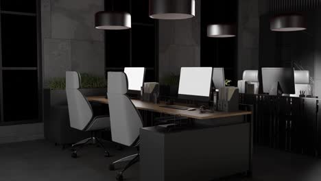 modern office interior with desks, chairs, computers and red lighting. contemporary workplace and technology environment concept. design for banner, poster, wallpaper, header
