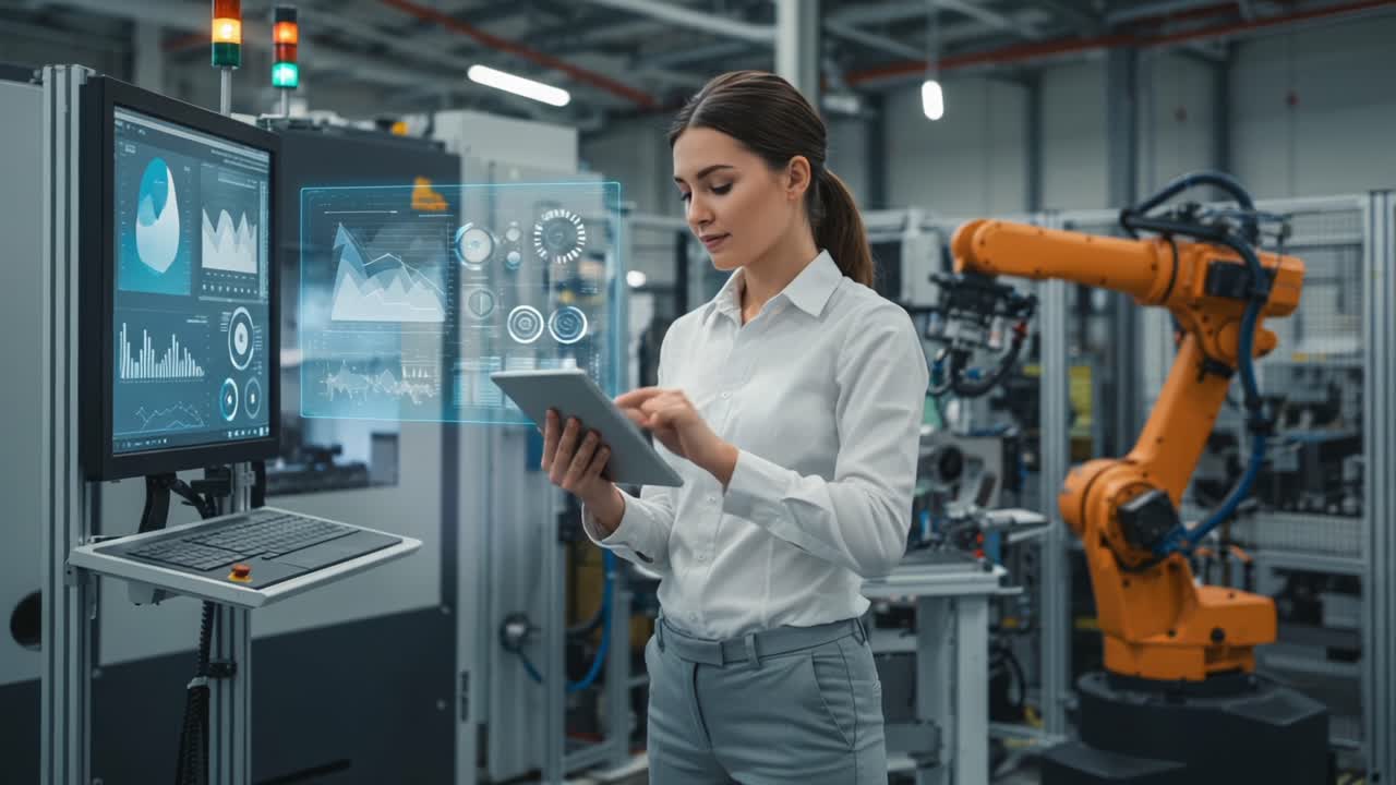 Female Engineer Analyzing Data in a High-Tech Manufacturing Environment with Robotics – A Glimpse into the Future of Automation and Industrial Innovation