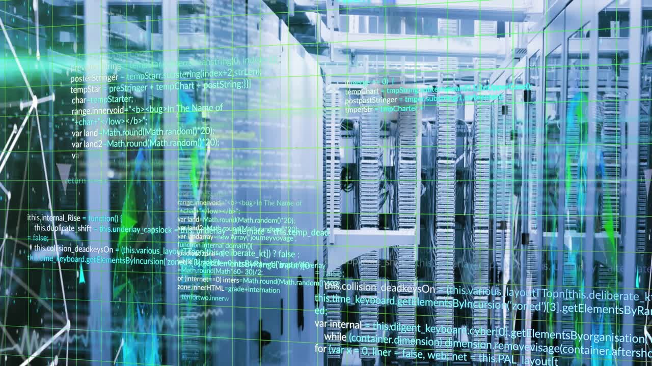 Animation of computer language over connected dots and globe over data server systems