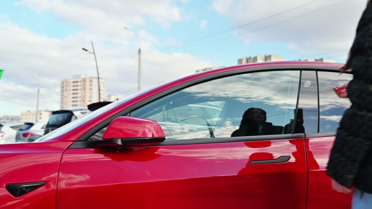 Primo piano di una donna che apre la sua auto elettrica rossa con una tessera e sale a bordo