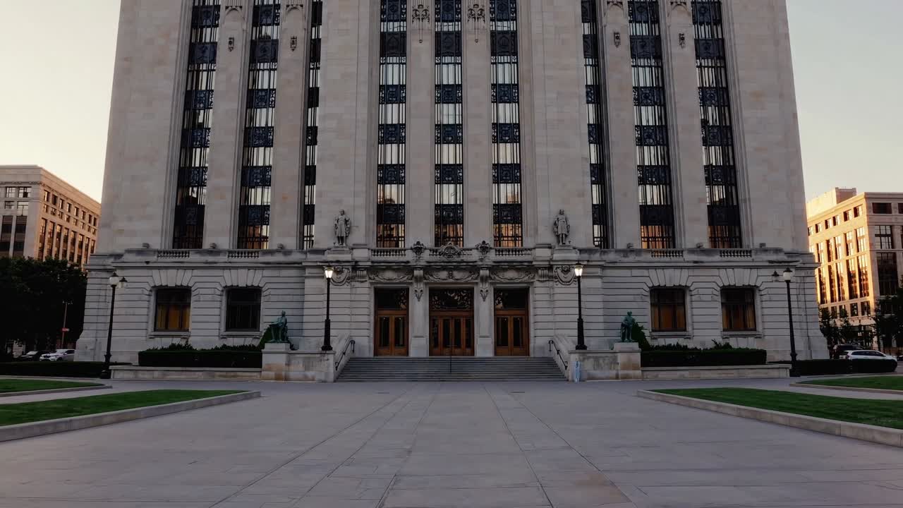 Majestic building facade captured in three sequential frames, showcasing architectural details, lighting changes, and surrounding landscape in a continuous motion sequence