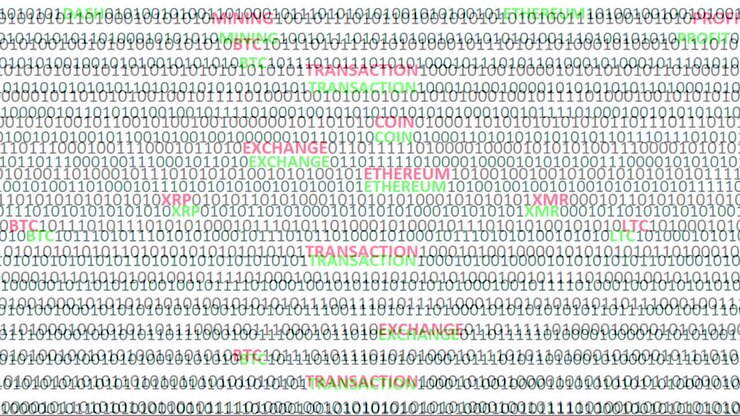 Criptovaluta su uno sfondo digitale. Sfondo da un codice di programma e criptovalute
