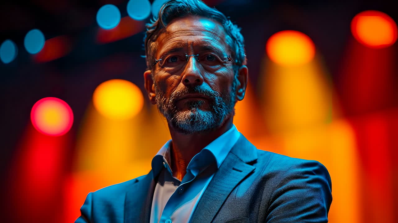 Man in suit and glasses, colorful lights. A man wearing a suit and glasses stands confidently under vibrant lights at a lively event, exuding charm and elegance
