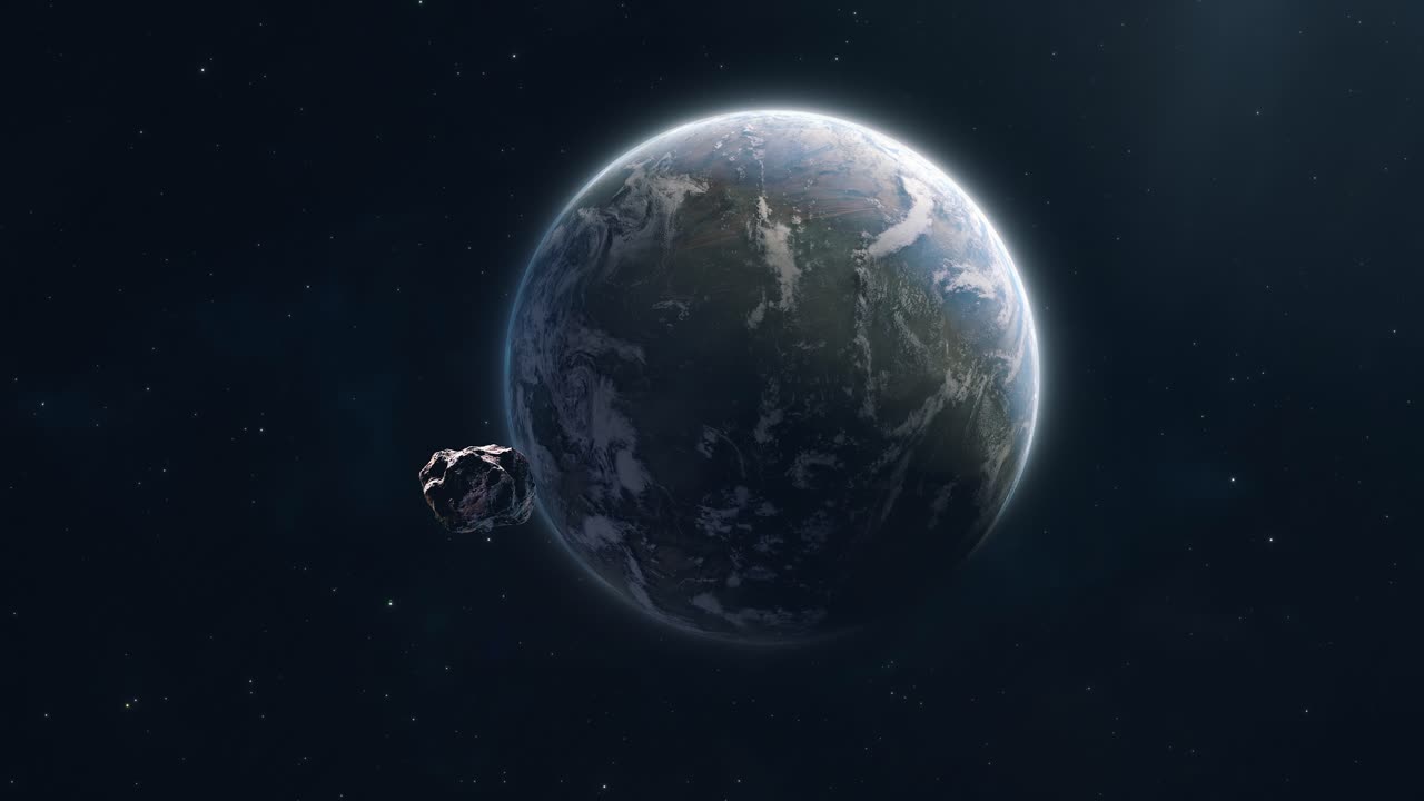 Grande asteroide che attraversa lo spazio e si avvicina a un lontano mondo alieno.