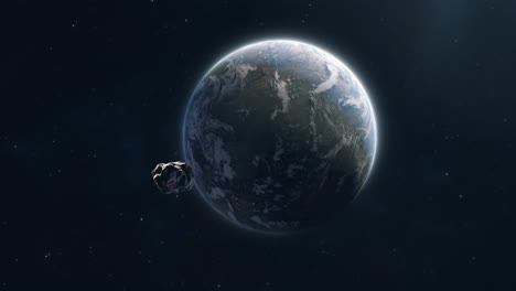 large asteroid traveling through space and approaching a distant alien world