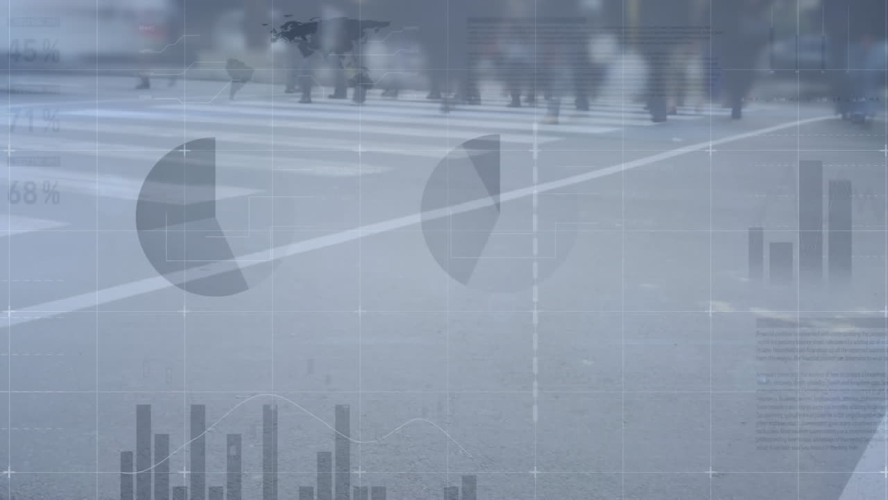 바쁜 도시 거리에서 금융 데이터 처리의 애니메이션