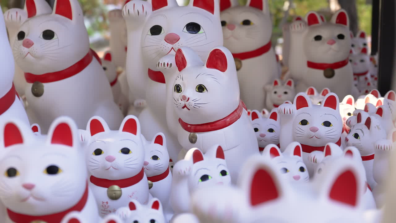 Närbild på vita Maneki-neko-statyer med selektivt fokus.