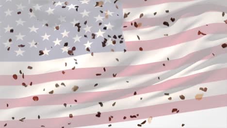 Digital-composition-of-confetti-falling-over-american-waving-flag-against-white-background