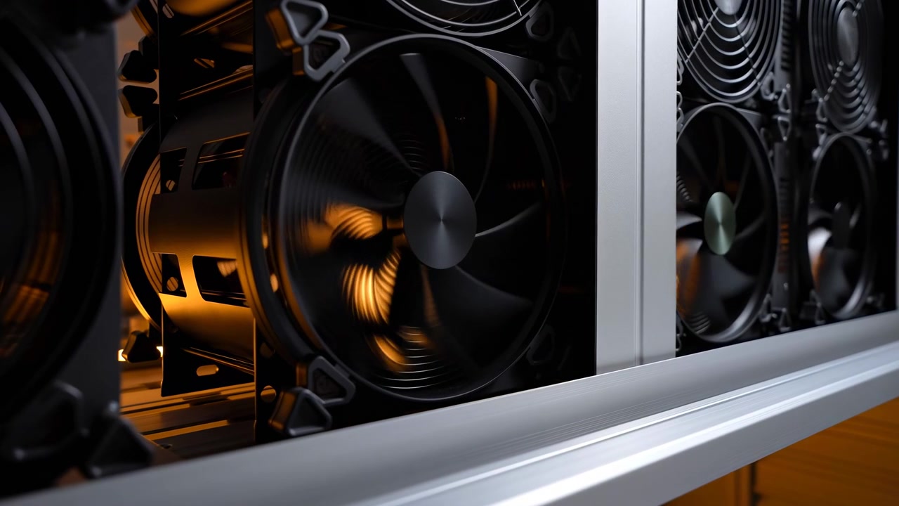 Close-up view shows multiple axial fans rotating steadily within an open metal chassis, with soft motion blur, black housings, silver rails, and warm orange light reflecting across the components.
