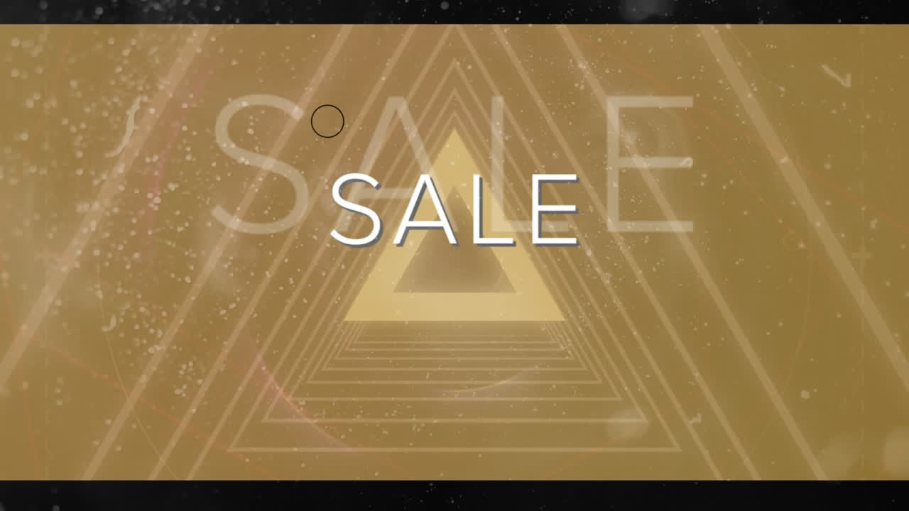 검은색 배경에 눈이 내리는 것에 대한 루프 서클과 삼각형 위의 판매 텍스트의 애니메이션