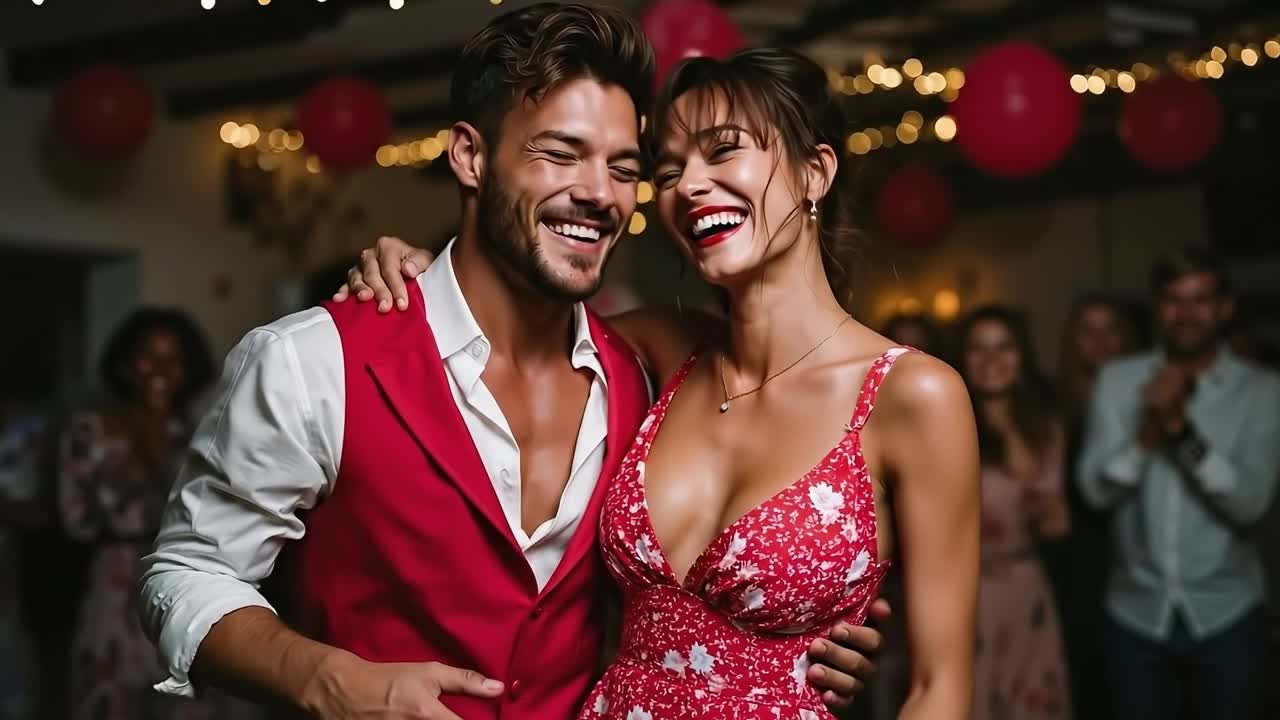 Um homem e uma mulher a dançar numa festa.