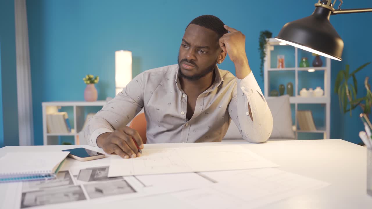 Thoughtful african man working on project.