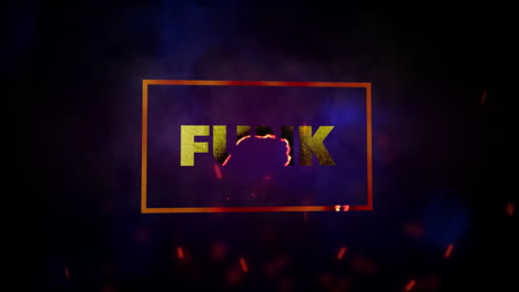 animation of white text funk, in gold frame, with red sparks on black background