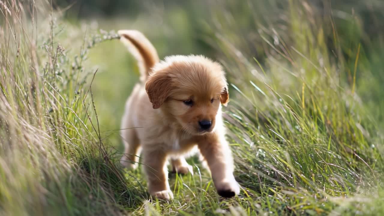 Playful Puppy Adventure: A Charming Golden Retriever Puppy Explores a Lush Green Field, Capturing the Joy and Curiosity of Youthful Innocence in Its Charming Gait