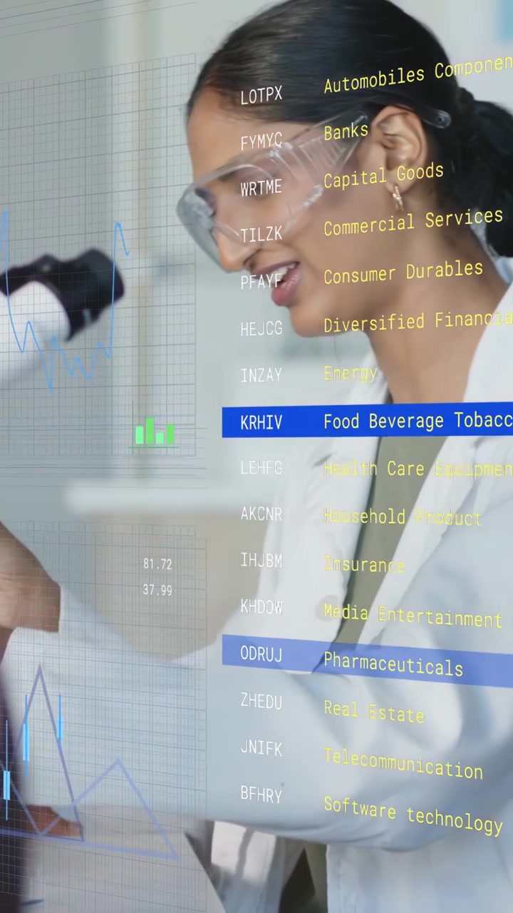 Vertical video: Adult entering, teaching pipette use at microscope while finance graphs overlaying