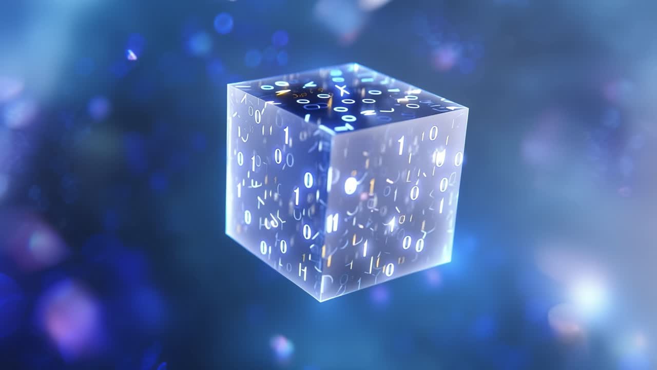 Glowing Transparent Cube with Binary Code and Digital Data