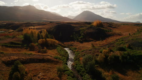 Beautiful-red-autumn-landscape-of-East-Iceland--aerial